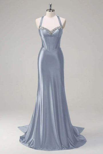 Sparkly Dusty Blue Mermaid Sweetheart Corset Formal Dress